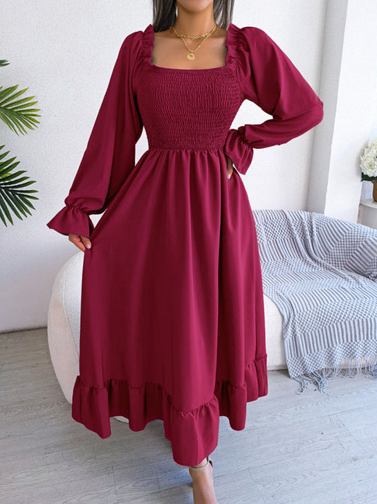 Casual Dresses- Long Sleeves Square Neck Midi Dress in Solid Color with A-Line Fit- Red- Pekosa Women Clothing