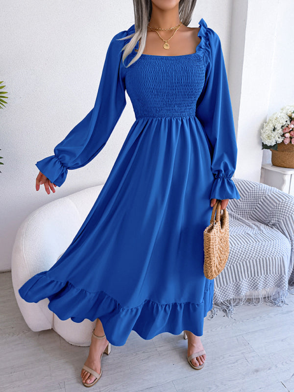 Casual Dresses- Long Sleeves Square Neck Midi Dress in Solid Color with A-Line Fit- - Pekosa Women Clothing