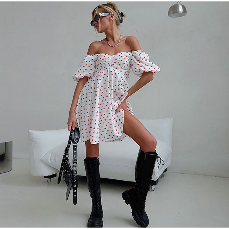 Casual Dresses- Love Print Off-Shoulder Flowy Dress- - Pekosa Women Clothing