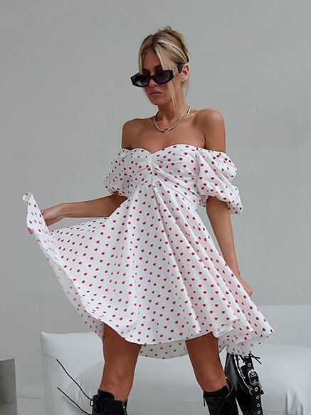 Casual Dresses- Love Print Off-Shoulder Flowy Dress- White- Pekosa Women Clothing