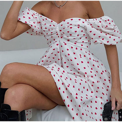 Casual Dresses- Love Print Off-Shoulder Flowy Dress- - Pekosa Women Clothing