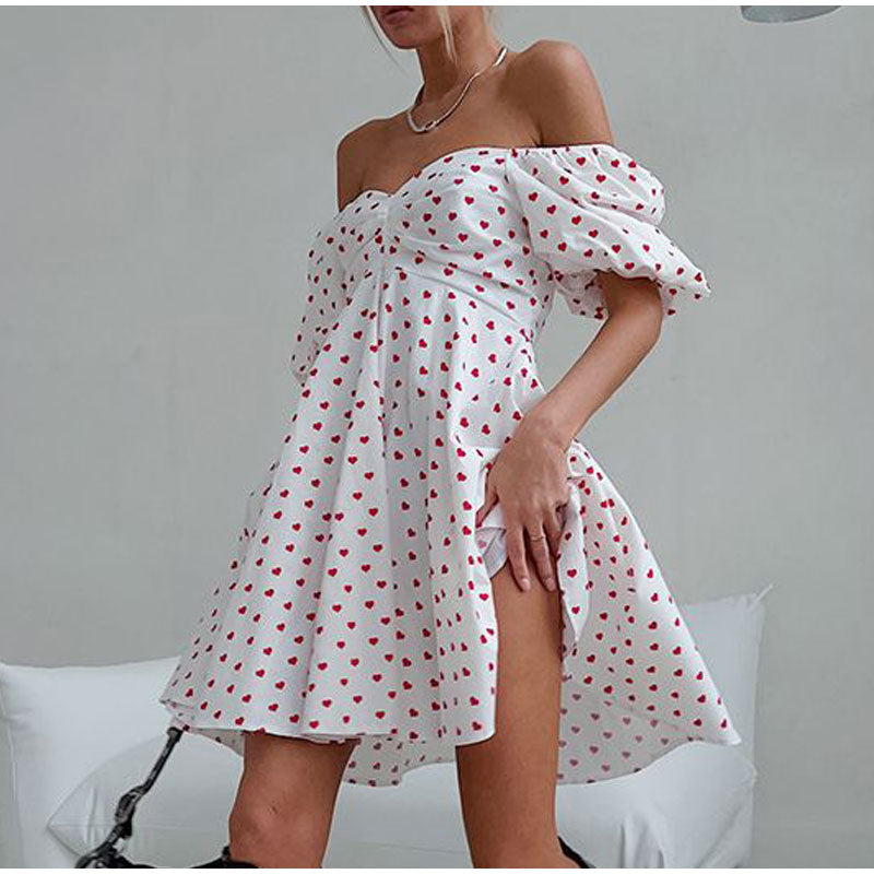 Casual Dresses- Love Print Off-Shoulder Flowy Dress- - Pekosa Women Clothing