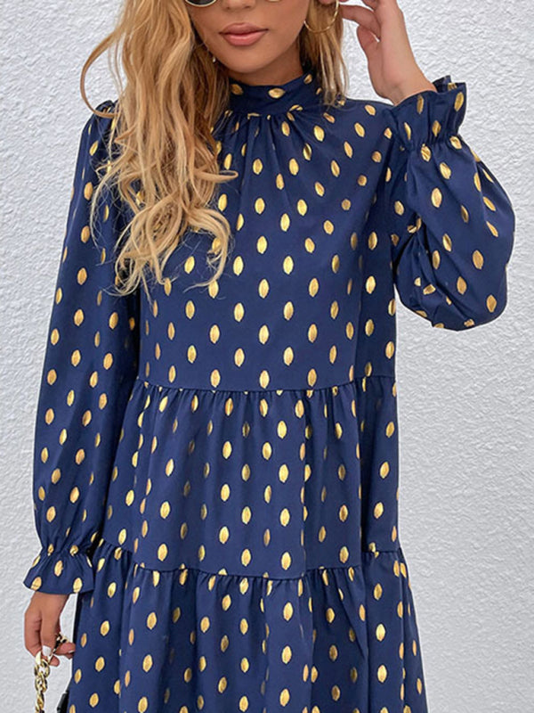 Casual Dresses- Polka Dot Stand Collar High-Low Dress with Long Sleeves- - Pekosa Women Clothing