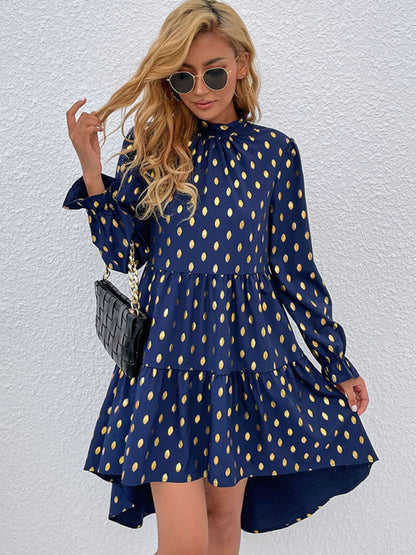 Casual Dresses- Polka Dot Stand Collar High-Low Dress with Long Sleeves- - Pekosa Women Clothing