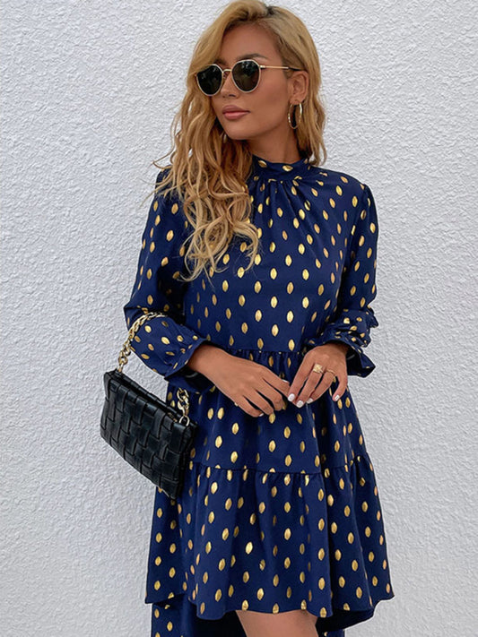 Casual Dresses- Polka Dot Stand Collar High-Low Dress with Long Sleeves- Blue- Pekosa Women Clothing