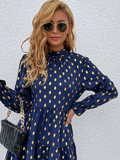 Casual Dresses- Polka Dot Stand Collar High-Low Dress with Long Sleeves- - Pekosa Women Clothing