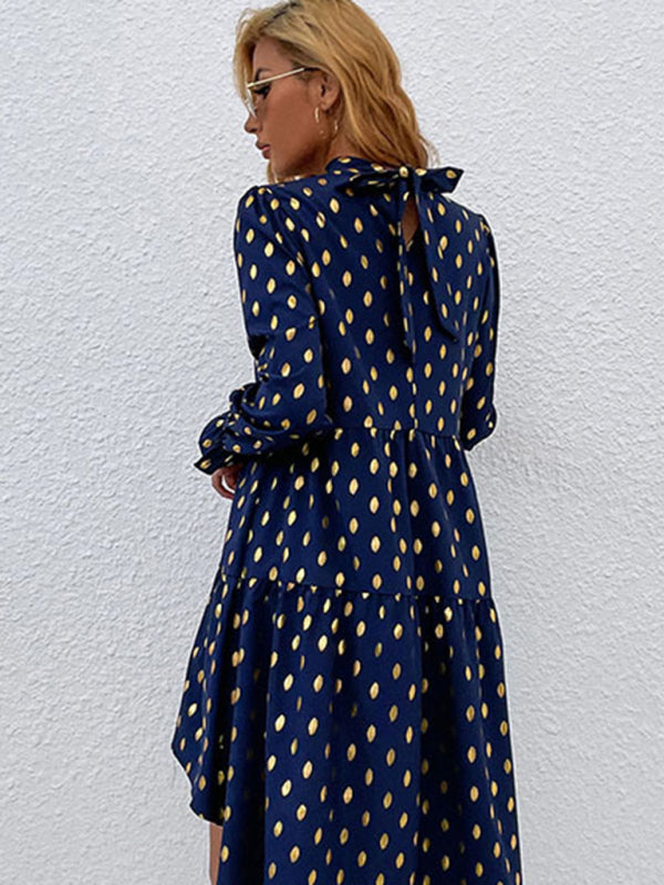 Casual Dresses- Polka Dot Stand Collar High-Low Dress with Long Sleeves- - Pekosa Women Clothing