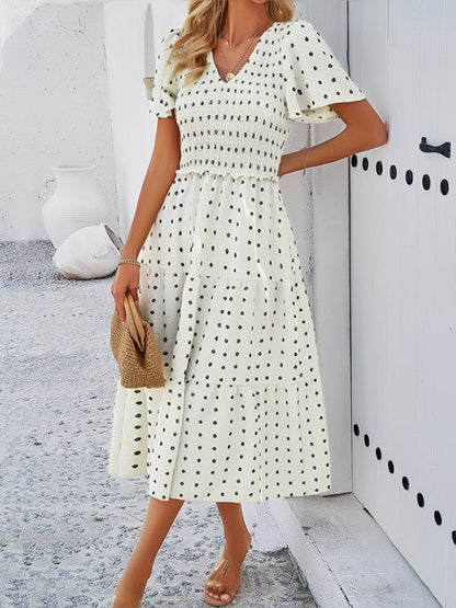 Casual Dresses- Polka Dot Textured Tiered A-Line Smocked Midi Dress with Short Sleeves- Cream- Pekosa Women Clothing