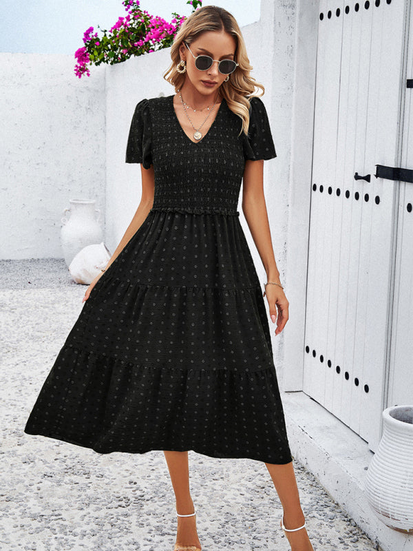 Casual Dresses- Polka Dot Textured Tiered A-Line Smocked Midi Dress with Short Sleeves- - Pekosa Women Clothing