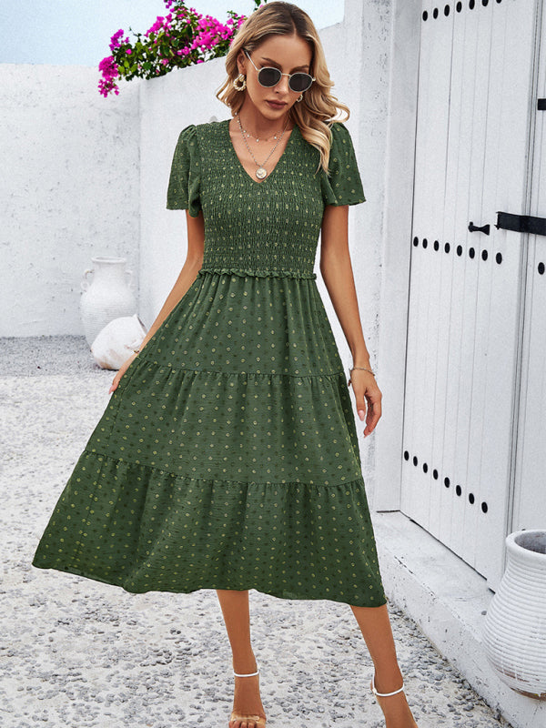 Casual Dresses- Polka Dot Textured Tiered A-Line Smocked Midi Dress with Short Sleeves- - Pekosa Women Clothing