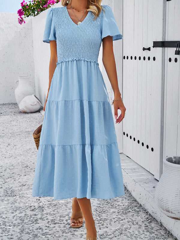 Casual Dresses- Polka Dot Textured Tiered A-Line Smocked Midi Dress with Short Sleeves- - Pekosa Women Clothing