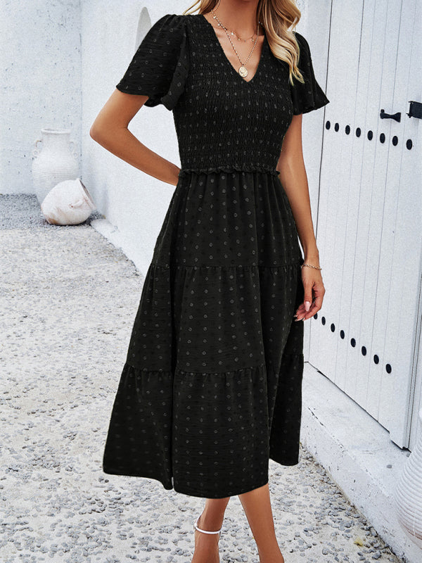 Casual Dresses- Polka Dot Textured Tiered A-Line Smocked Midi Dress with Short Sleeves- - Pekosa Women Clothing