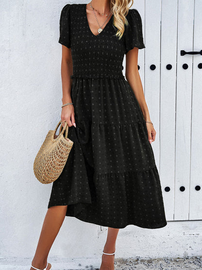 Casual Dresses- Polka Dot Textured Tiered A-Line Smocked Midi Dress with Short Sleeves- - Pekosa Women Clothing