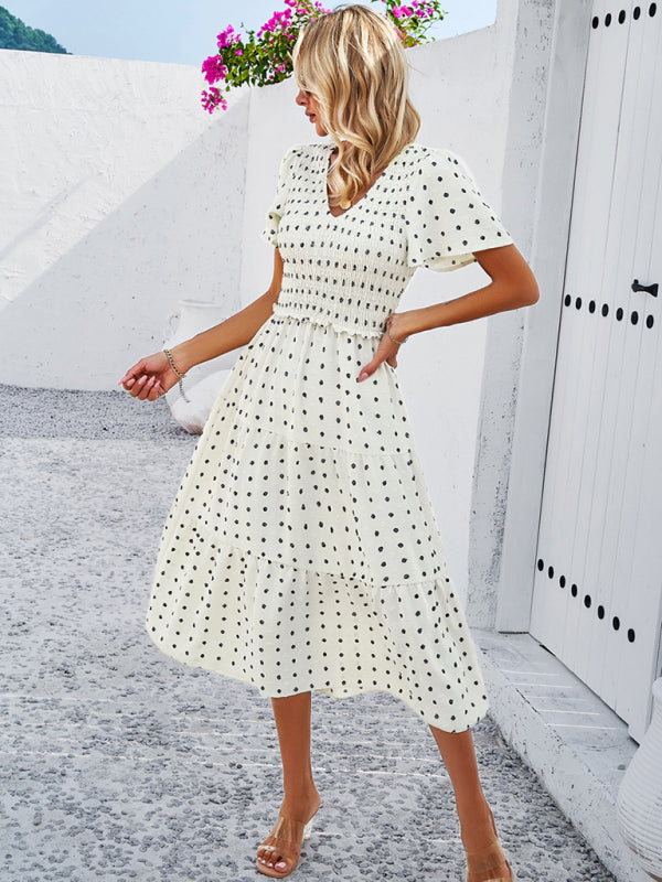 Casual Dresses- Polka Dot Textured Tiered A-Line Smocked Midi Dress with Short Sleeves- - Pekosa Women Clothing