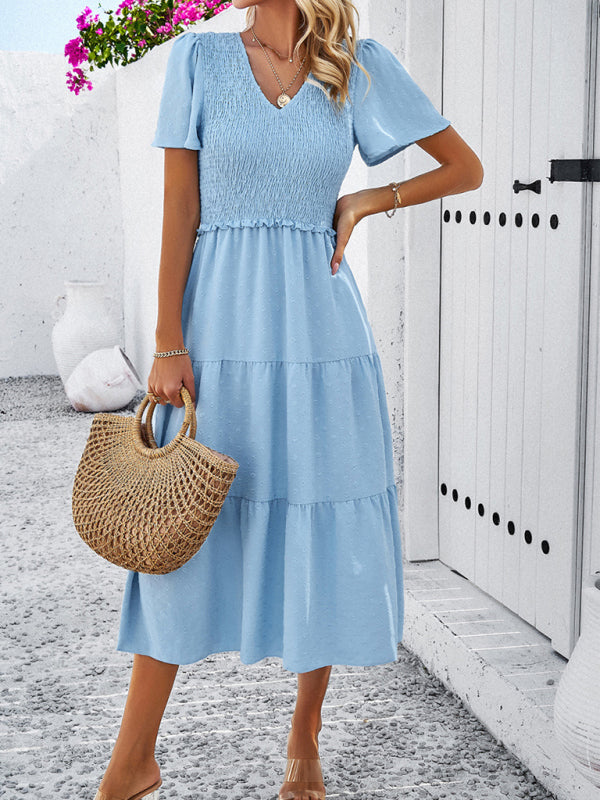 Casual Dresses- Polka Dot Textured Tiered A-Line Smocked Midi Dress with Short Sleeves- - Pekosa Women Clothing