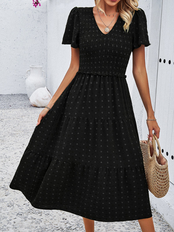 Casual Dresses- Polka Dot Textured Tiered A-Line Smocked Midi Dress with Short Sleeves- - Pekosa Women Clothing