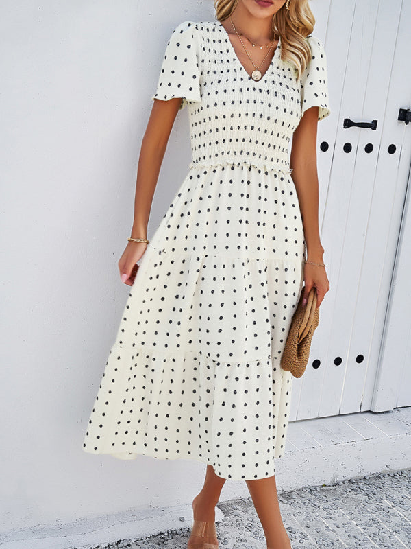 Casual Dresses- Polka Dot Textured Tiered A-Line Smocked Midi Dress with Short Sleeves- - Pekosa Women Clothing