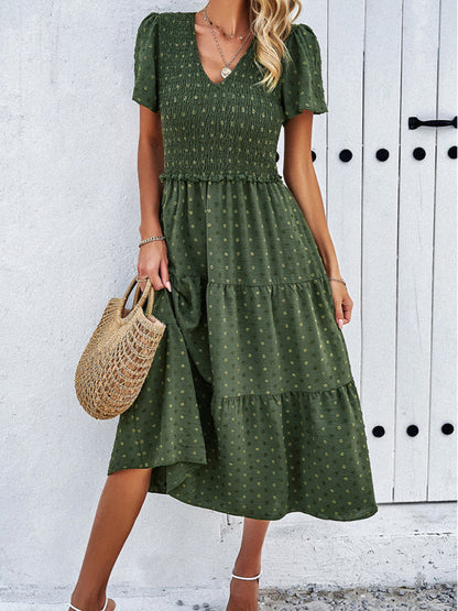 Casual Dresses- Polka Dot Textured Tiered A-Line Smocked Midi Dress with Short Sleeves- Olive green- Pekosa Women Clothing