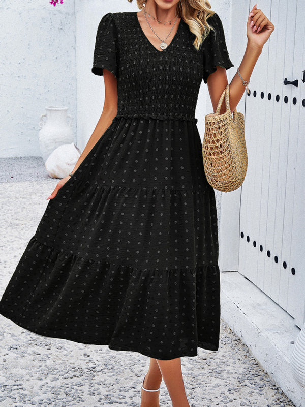 Casual Dresses- Polka Dot Textured Tiered A-Line Smocked Midi Dress with Short Sleeves- Black- Pekosa Women Clothing