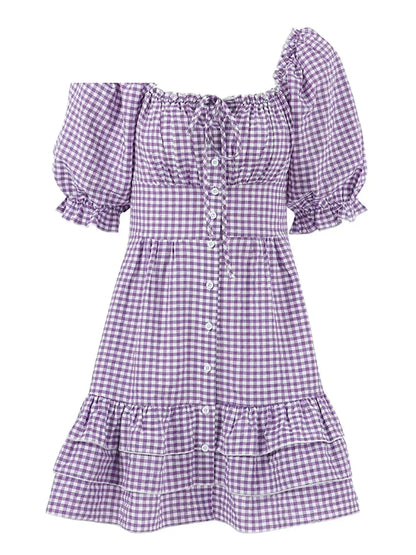 Casual Dresses- Purple Square Neck A-Line Mini Dress in Summer Plaid with Puff Sleeves- - Chuzko Women Clothing