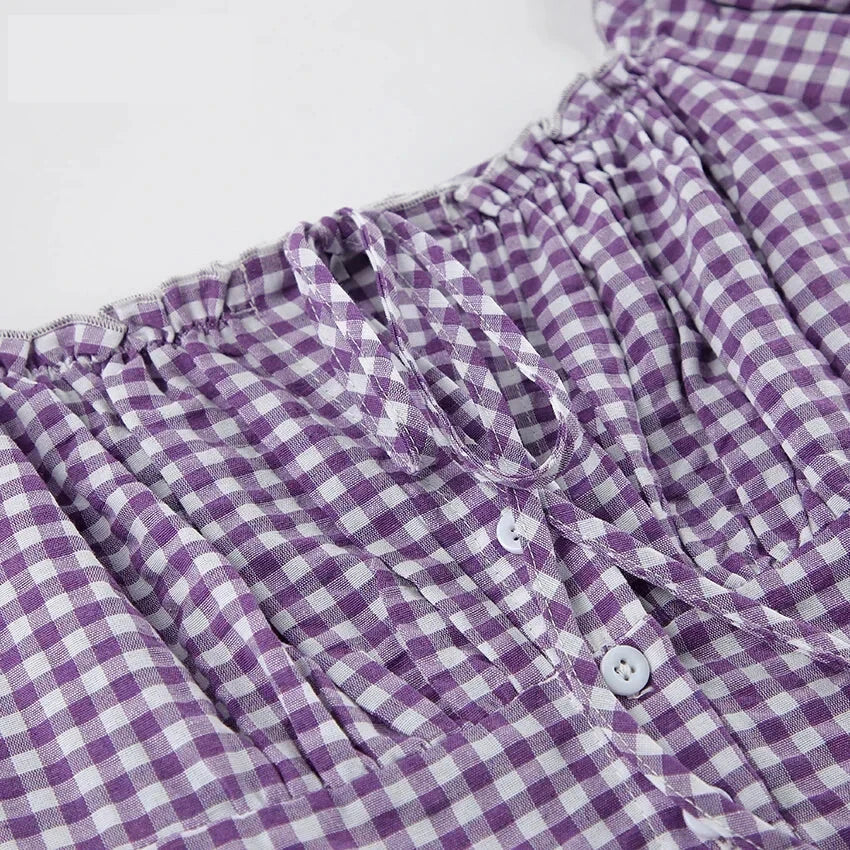 Casual Dresses- Purple Square Neck A-Line Mini Dress in Summer Plaid with Puff Sleeves- - Chuzko Women Clothing