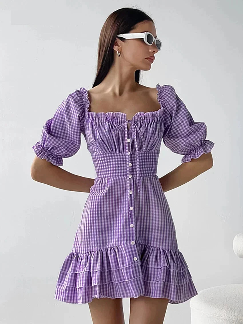 Casual Dresses- Purple Square Neck A-Line Mini Dress in Summer Plaid with Puff Sleeves- - Chuzko Women Clothing