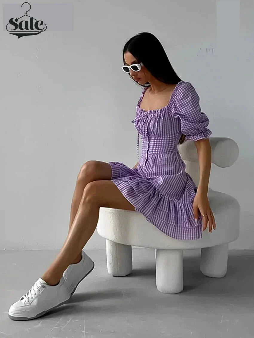 Casual Dresses- Purple Square Neck A-Line Mini Dress in Summer Plaid with Puff Sleeves- - Chuzko Women Clothing