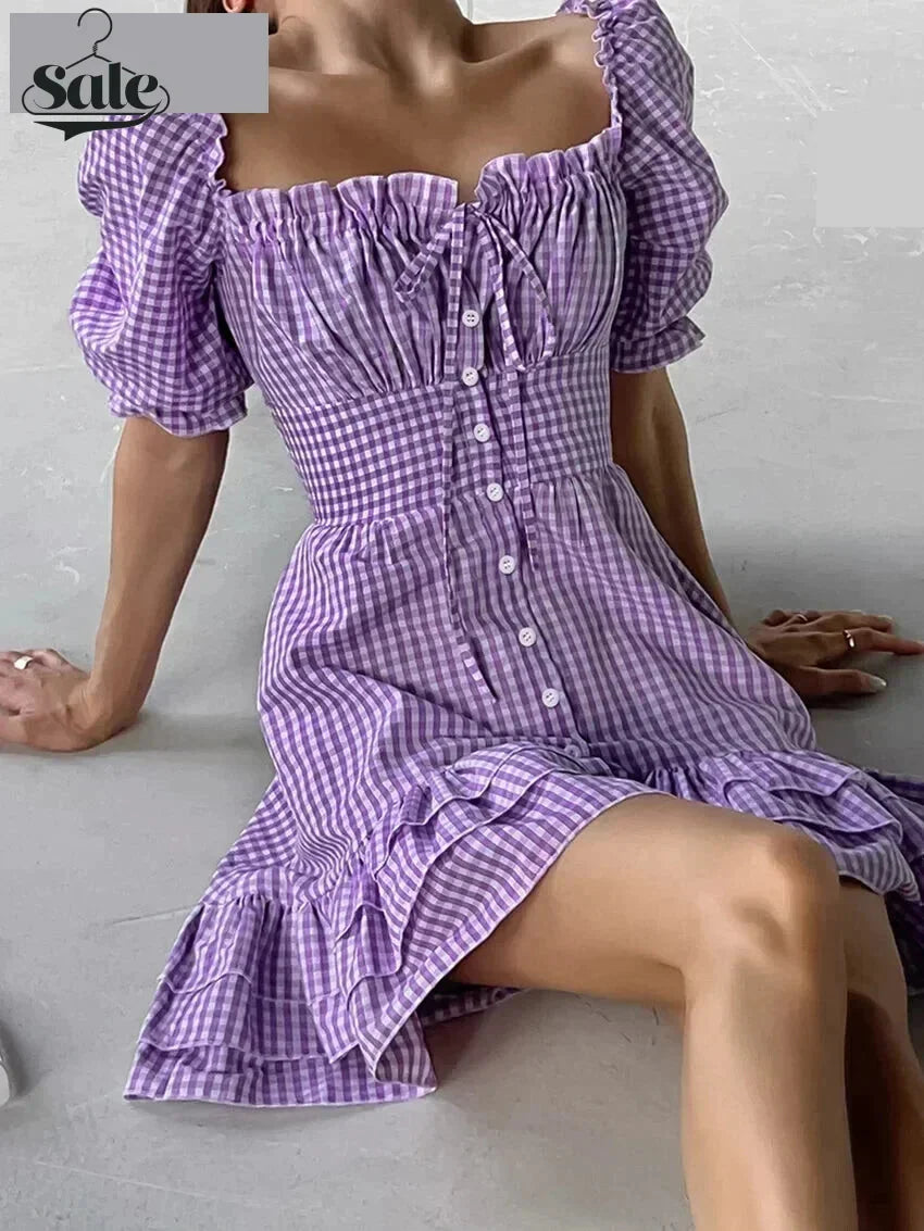 Casual Dresses- Purple Square Neck A-Line Mini Dress in Summer Plaid with Puff Sleeves- - Chuzko Women Clothing