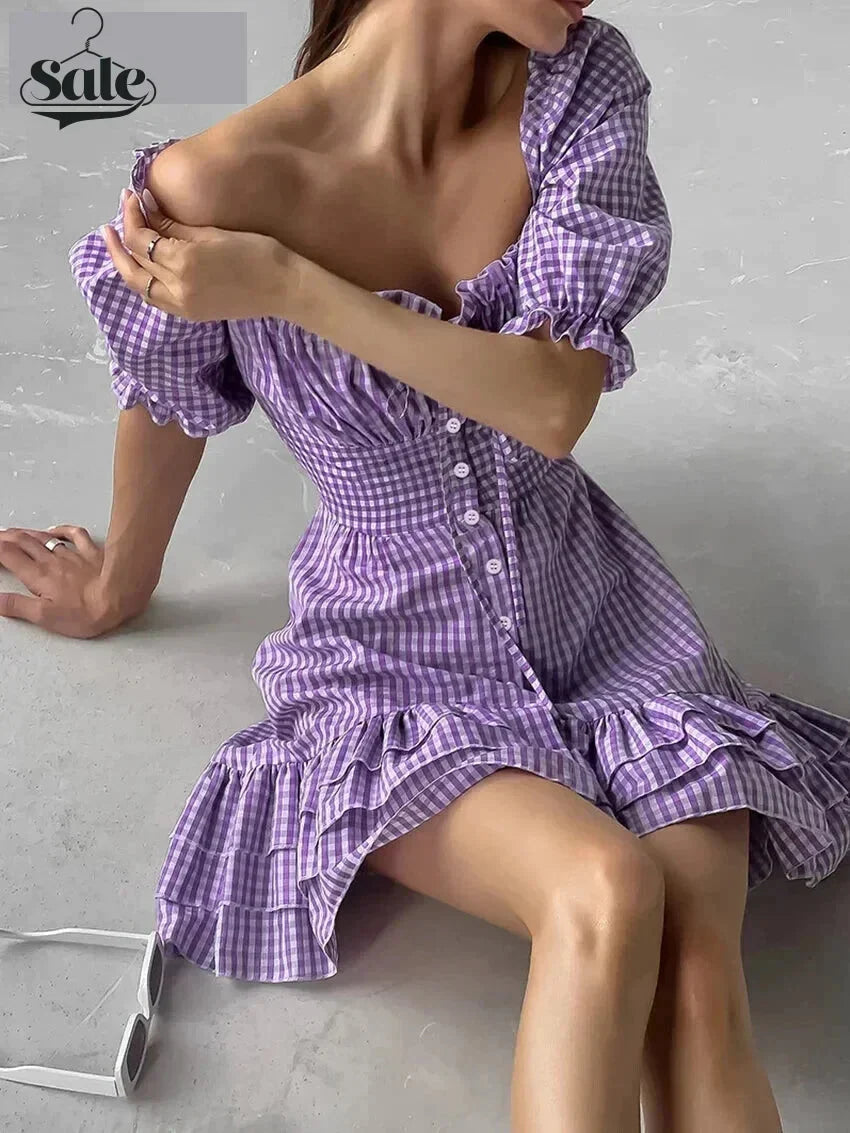 Casual Dresses- Purple Square Neck A-Line Mini Dress in Summer Plaid with Puff Sleeves- - Chuzko Women Clothing