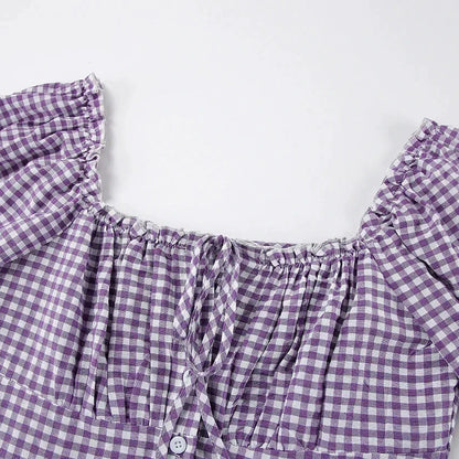 Casual Dresses- Purple Square Neck A-Line Mini Dress in Summer Plaid with Puff Sleeves- - Chuzko Women Clothing