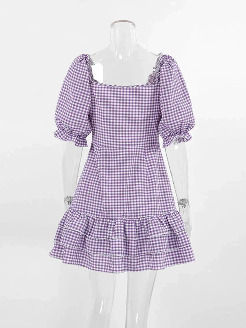 Casual Dresses- Purple Square Neck A-Line Mini Dress in Summer Plaid with Puff Sleeves- - Chuzko Women Clothing