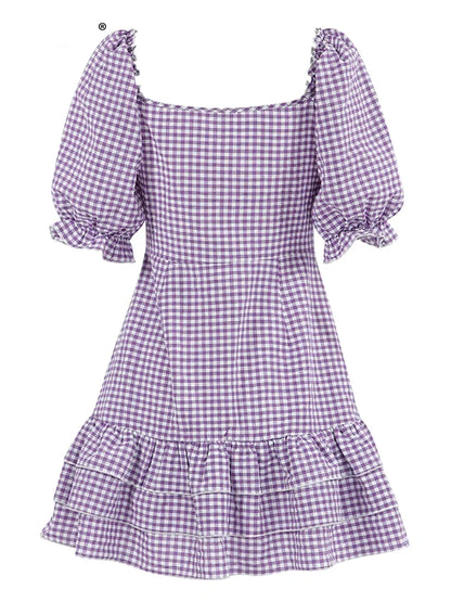 Casual Dresses- Purple Square Neck A-Line Mini Dress in Summer Plaid with Puff Sleeves- - Chuzko Women Clothing