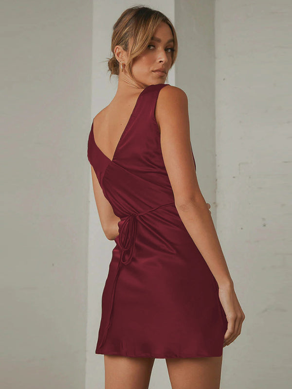 Casual Dresses- Satin Slip Sleeveless V-Neck A-Line Dress with Tie Back- - Pekosa Women Fashion