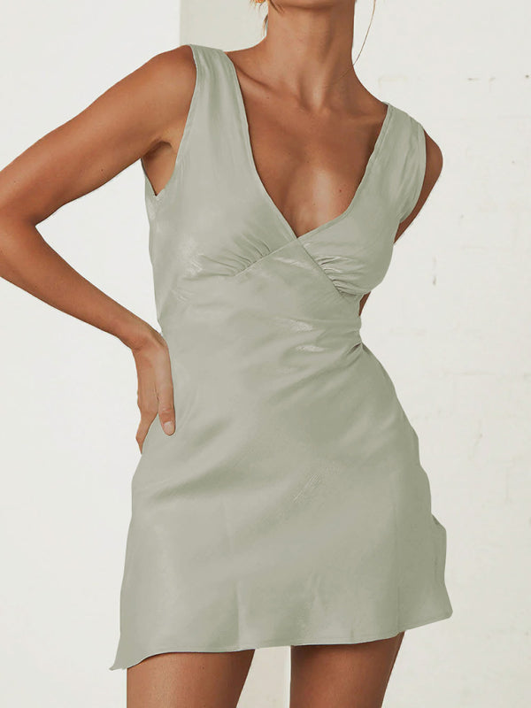 Casual Dresses- Satin Slip Sleeveless V-Neck A-Line Dress with Tie Back- Pale green- Pekosa Women Fashion