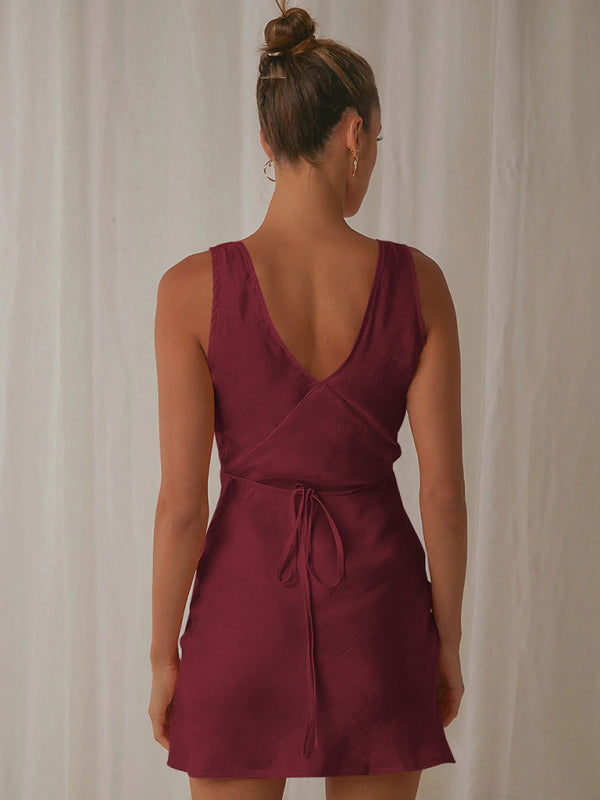 Casual Dresses- Satin Slip Sleeveless V-Neck A-Line Dress with Tie Back- - Pekosa Women Fashion