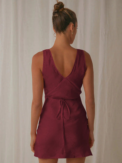 Casual Dresses- Satin Slip Sleeveless V-Neck A-Line Dress with Tie Back- - Pekosa Women Fashion