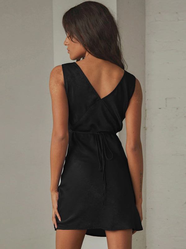 Casual Dresses- Satin Slip Sleeveless V-Neck A-Line Dress with Tie Back- - Pekosa Women Fashion