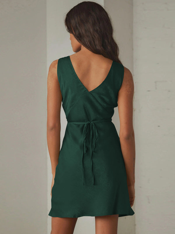 Casual Dresses- Satin Slip Sleeveless V-Neck A-Line Dress with Tie Back- - Pekosa Women Fashion