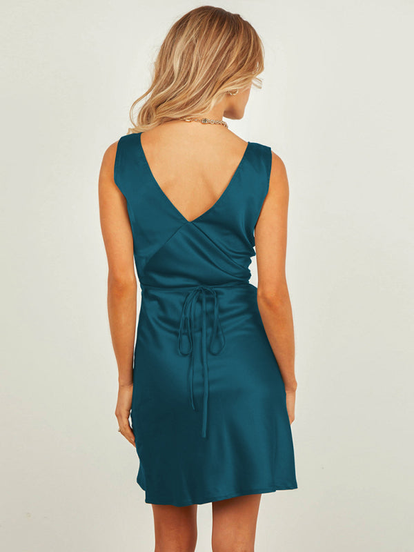 Casual Dresses- Satin Slip Sleeveless V-Neck A-Line Dress with Tie Back- - Pekosa Women Fashion