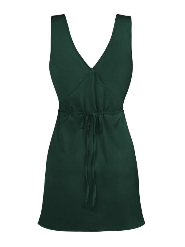 Casual Dresses- Satin Slip Sleeveless V-Neck A-Line Dress with Tie Back- - Pekosa Women Fashion