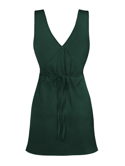 Casual Dresses- Satin Slip Sleeveless V-Neck A-Line Dress with Tie Back- - Pekosa Women Fashion