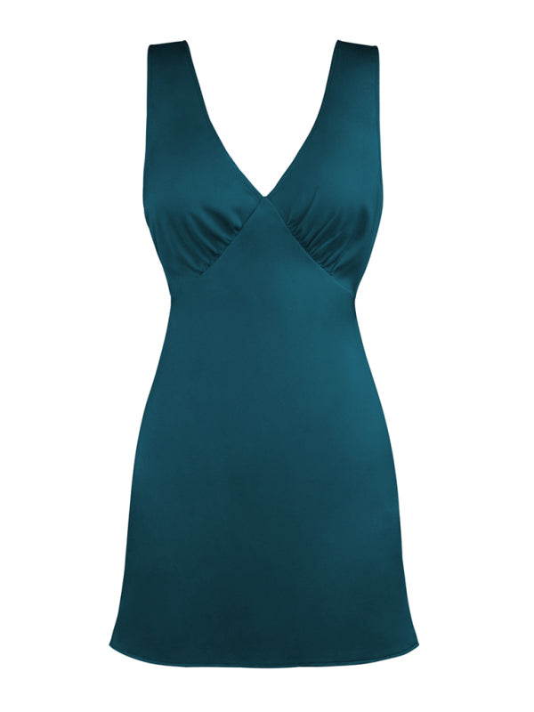 Casual Dresses- Satin Slip Sleeveless V-Neck A-Line Dress with Tie Back- - Pekosa Women Fashion