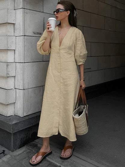 Casual Dresses- Solid A-Line Button-Up Midi Dress in Solid Cotton Linen- khaki- Pekosa Women Fashion