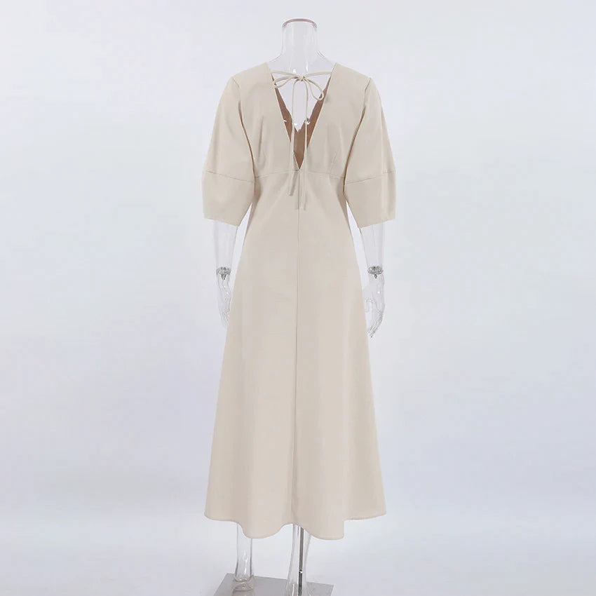 Casual Dresses- Solid A-Line Button-Up Midi Dress in Solid Cotton Linen- - Pekosa Women Fashion