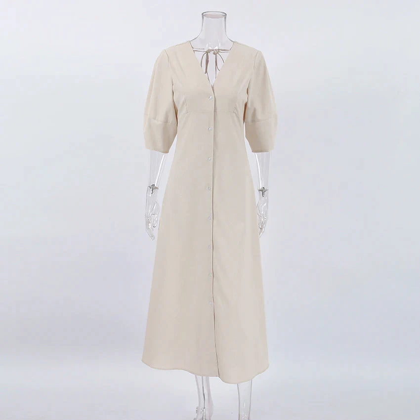 Casual Dresses- Solid A-Line Button-Up Midi Dress in Solid Cotton Linen- - Pekosa Women Fashion