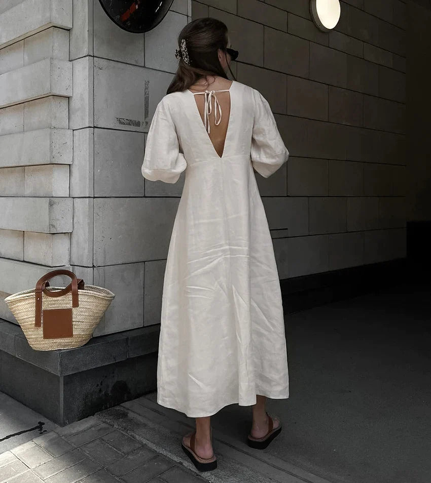 Casual Dresses- Solid A-Line Button-Up Midi Dress in Solid Cotton Linen- - Pekosa Women Fashion