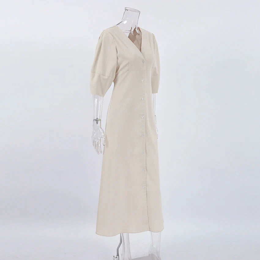 Casual Dresses- Solid A-Line Button-Up Midi Dress in Solid Cotton Linen- - Pekosa Women Fashion