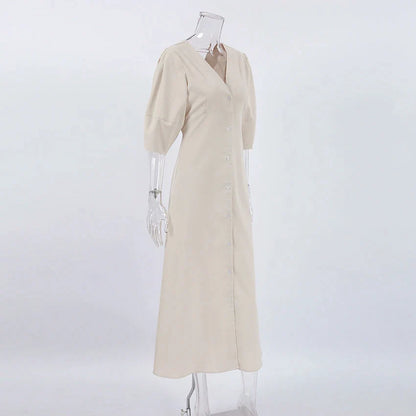 Casual Dresses- Solid A-Line Button-Up Midi Dress in Solid Cotton Linen- - Pekosa Women Fashion