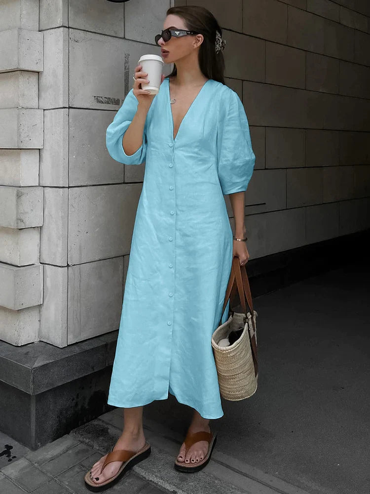 Casual Dresses- Solid A-Line Button-Up Midi Dress in Solid Cotton Linen- blue- Pekosa Women Fashion