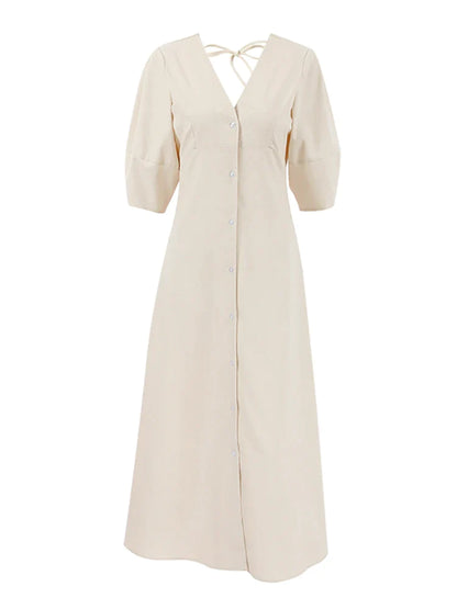 Casual Dresses- Solid A-Line Button-Up Midi Dress in Solid Cotton Linen- beige- Pekosa Women Fashion